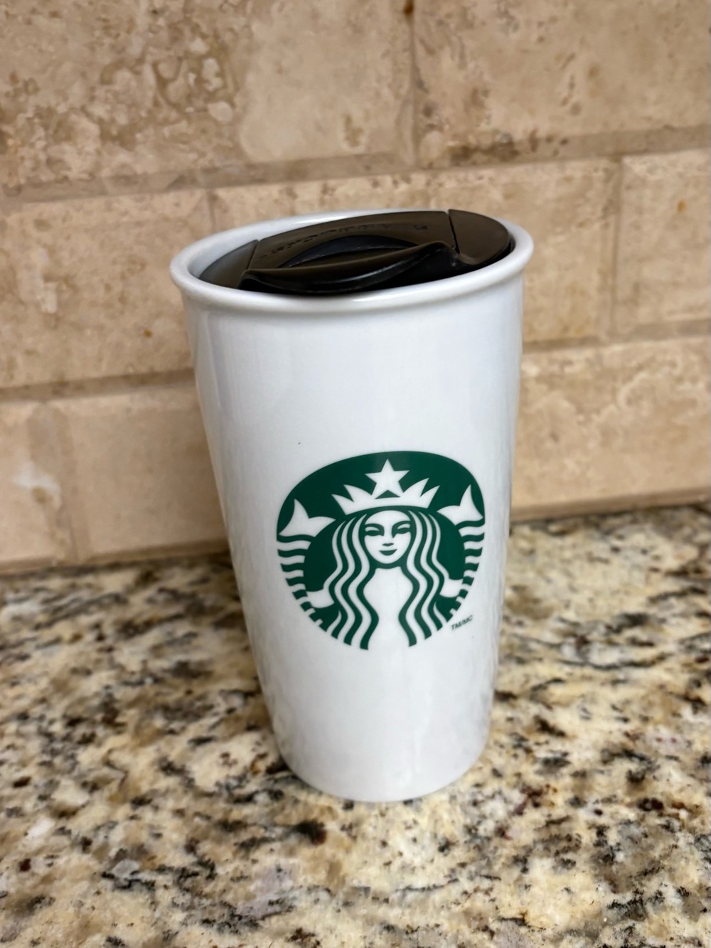 Starbucks Ceramic Tumbler in White with Green Siren and Black Lid